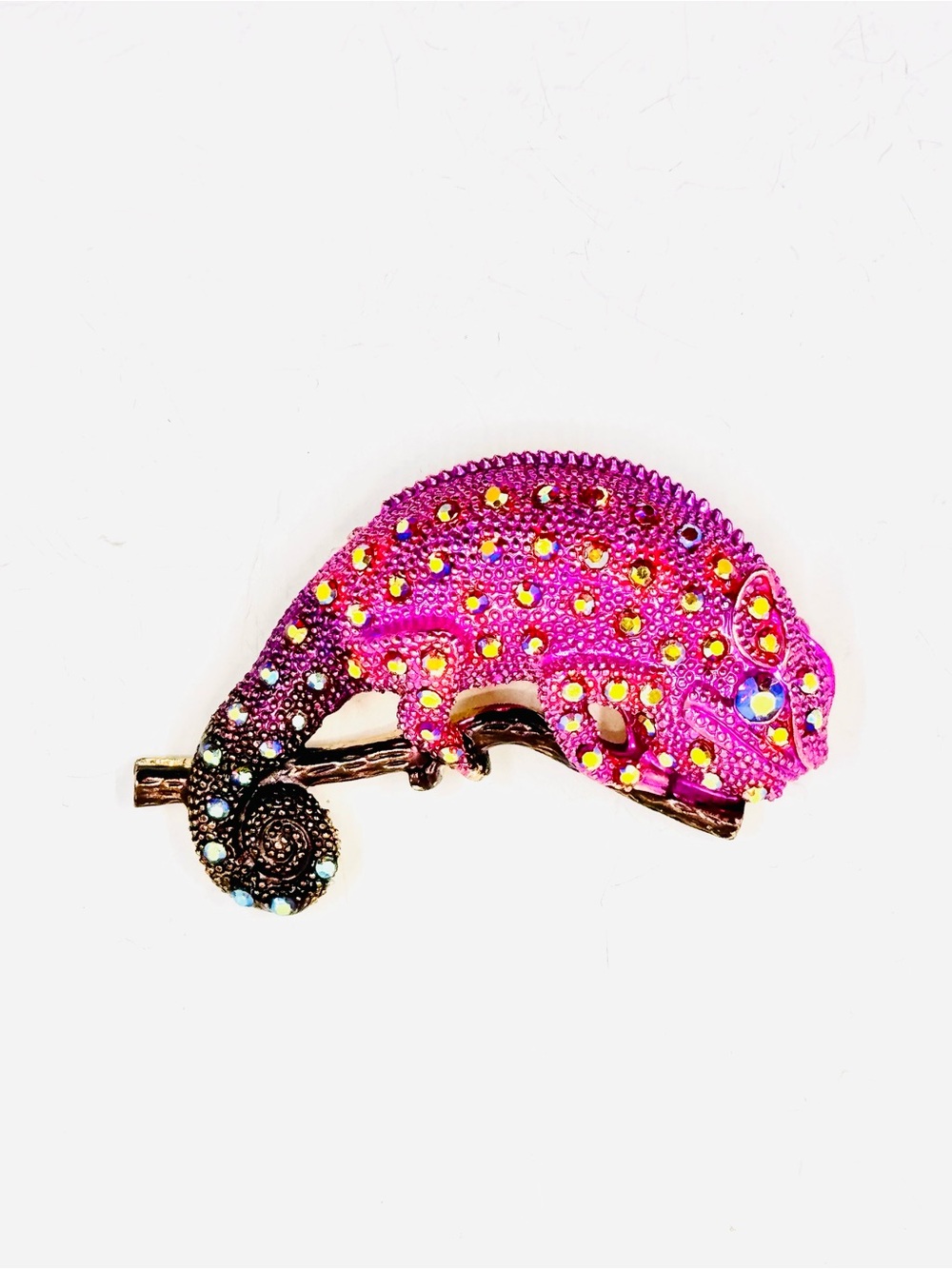 Pink Enamel AB Jeweled Chameleon Gecko Reptile Lizard Brooch Pin 3”X 2.25” NWOT